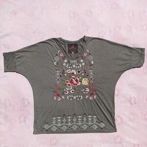 Johnny Was Floral Embroidered Tunic Top XL Green Boho Blouse Dolman Sleeve
